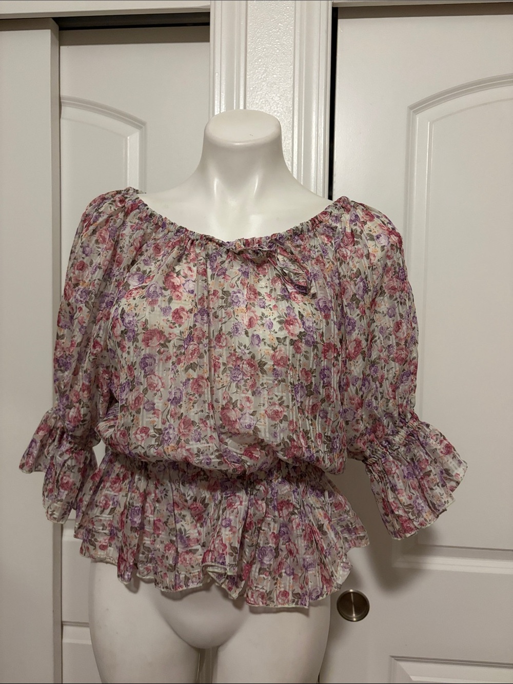 LIZ LISA Pink and Lavender Floral Off-Shoulder Peasant Top
